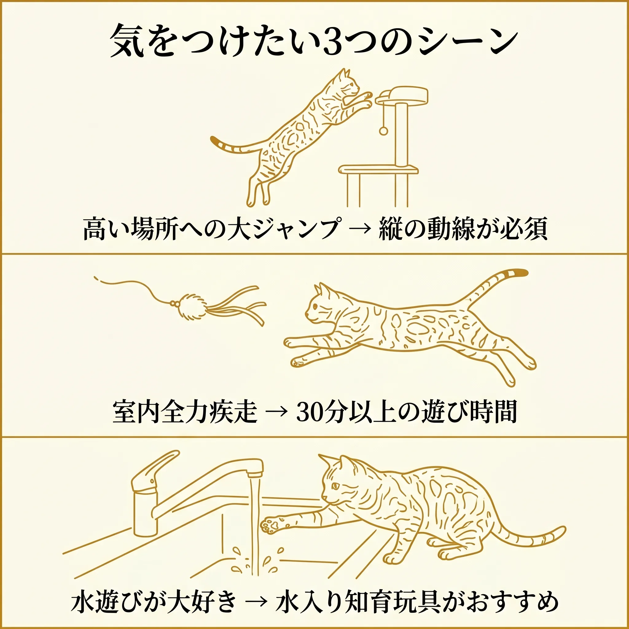 ベンガルが好む3つの運動シーン(高所ジャンプ・追いかけっこ・水遊び)のイラスト