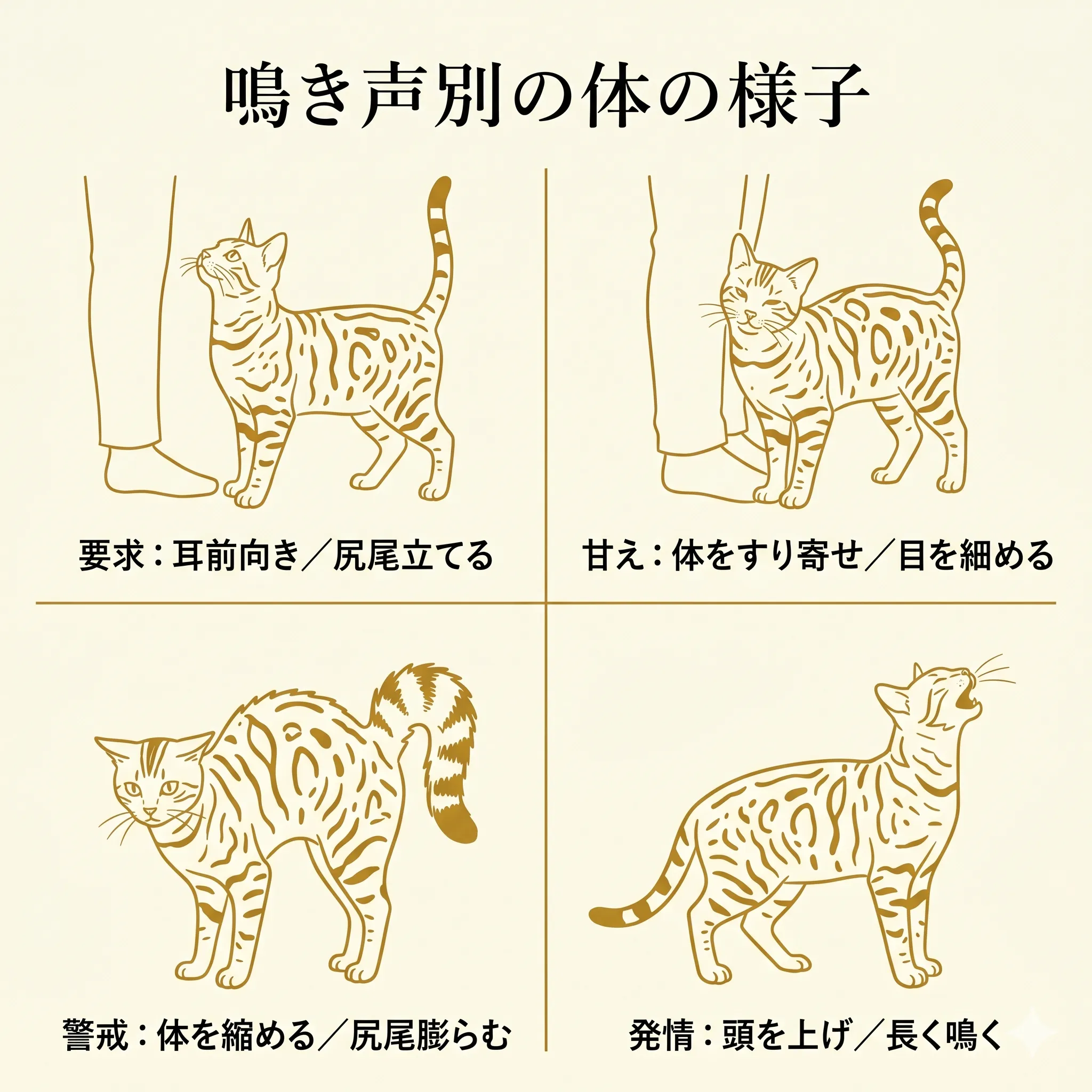 鳴き声の種類別の体の様子（耳・尻尾・姿勢）を示したイラスト