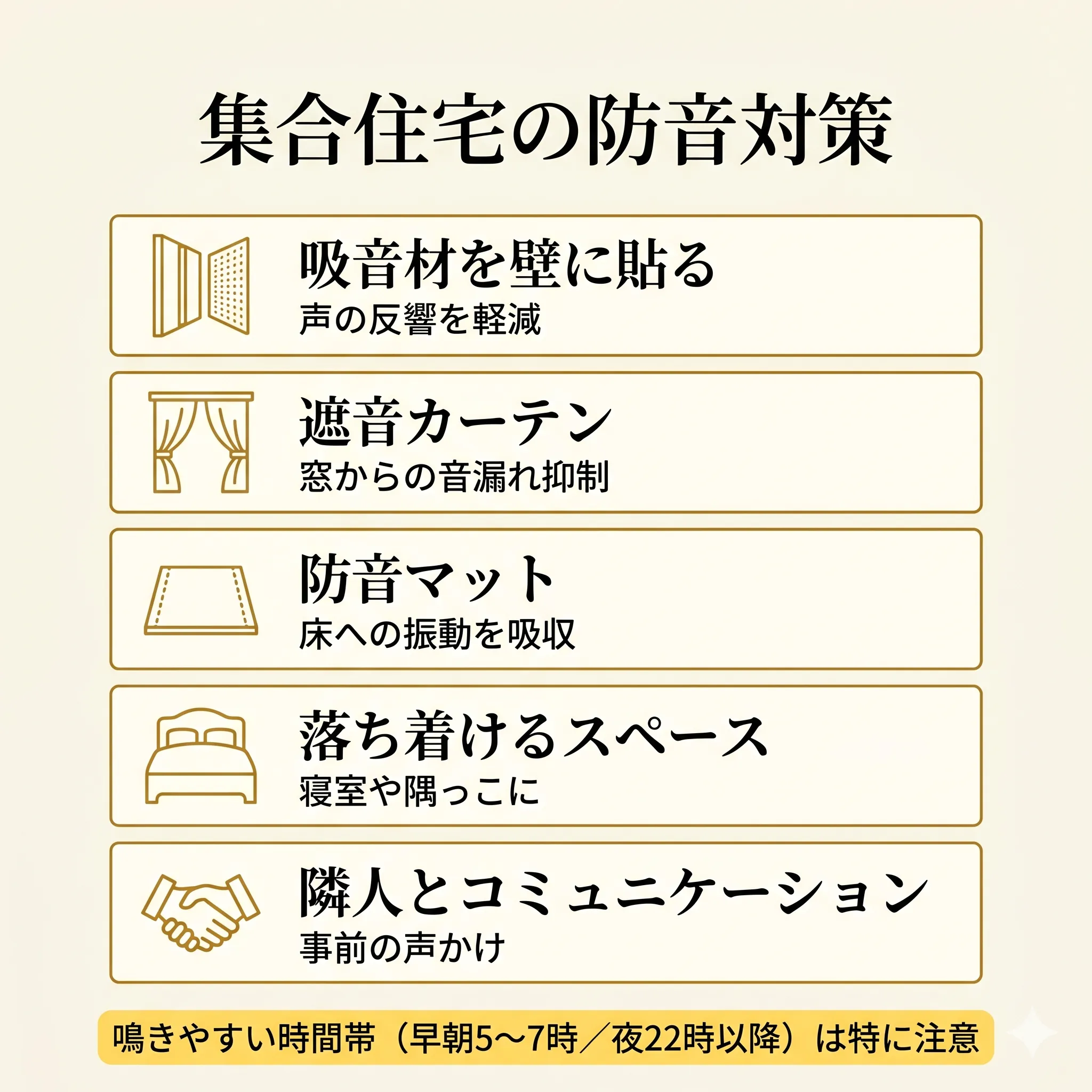 集合住宅での防音対策5つを示すインフォグラフィック