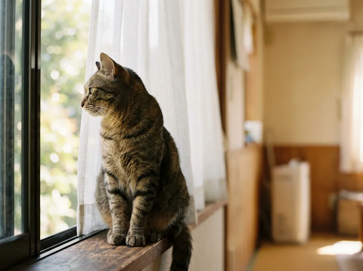 夏の窓辺で陽射しを避けて休む猫の写真
