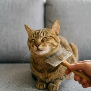 ブラシで毛をすかれて気持ちよさそうな猫の写真