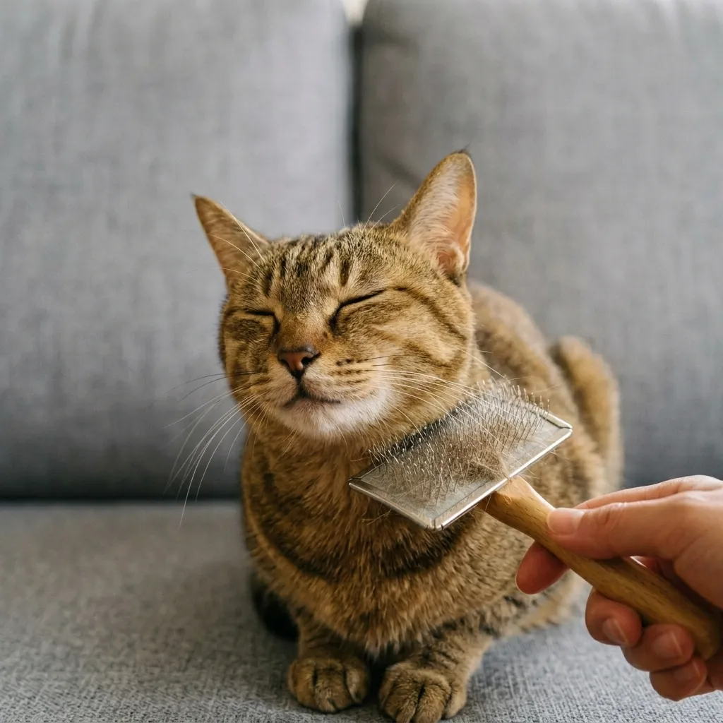ブラシで毛をすかれて気持ちよさそうな猫の写真