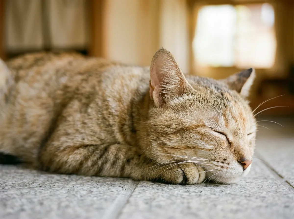 涼しい場所でうつ伏せに休む猫の写真
