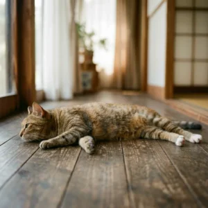 フローリングに伸びてぐったりしている夏の猫の写真