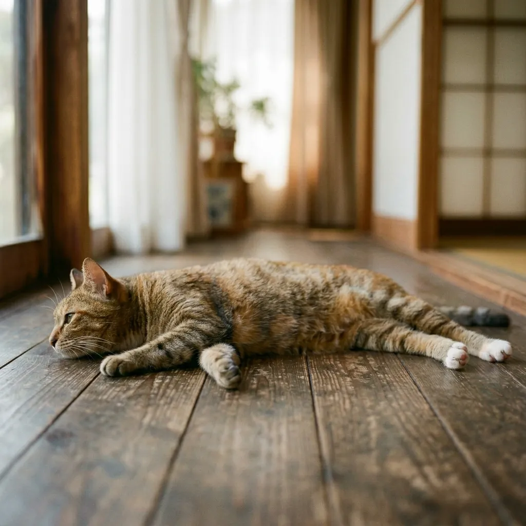 フローリングに伸びてぐったりしている夏の猫の写真