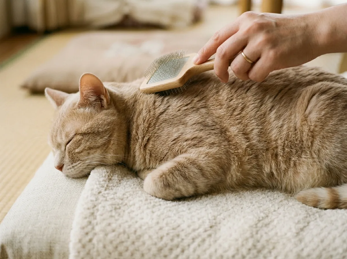 ブラッシングを楽しんでいる猫の写真