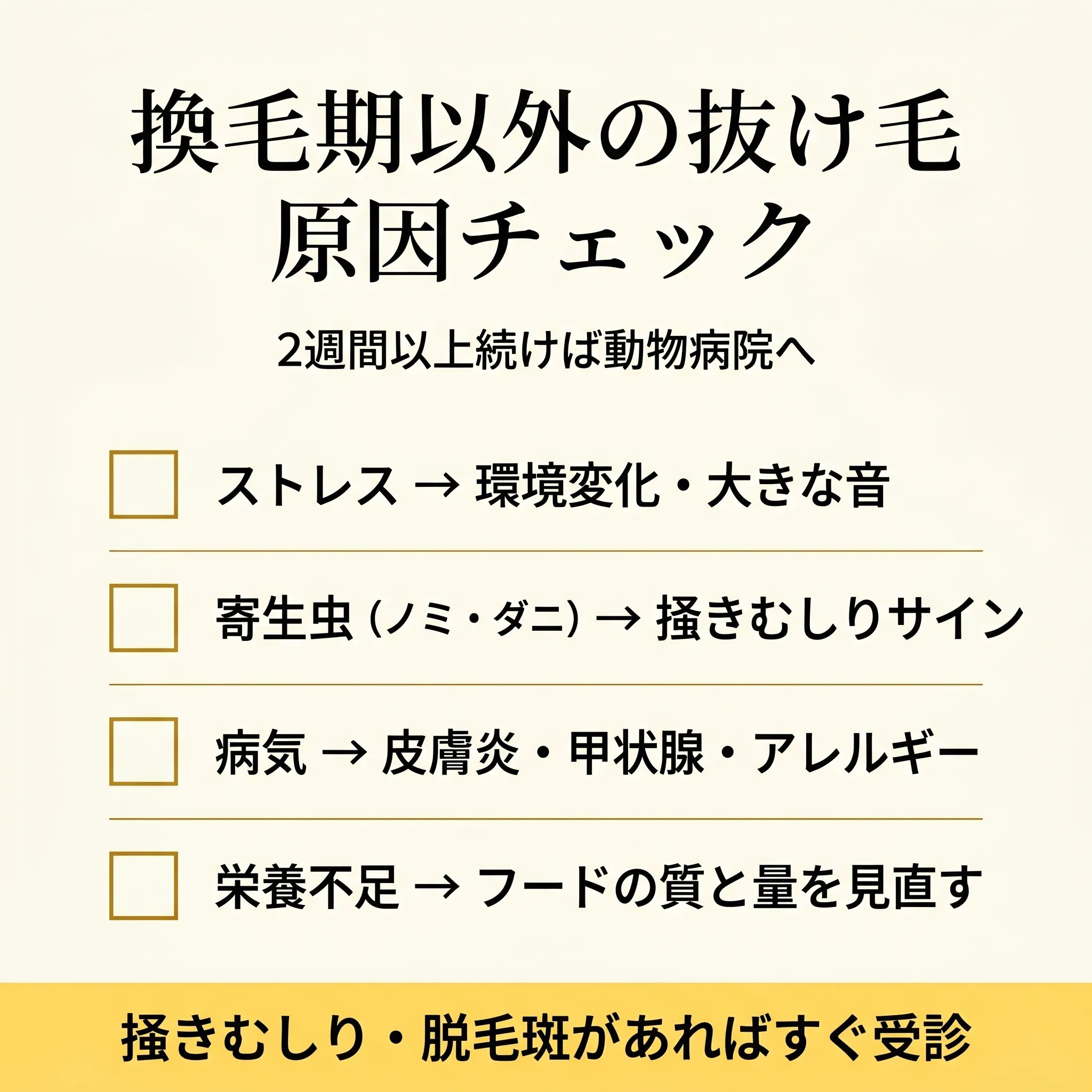 換毛期以外の抜け毛で疑うべき4つの原因(ストレス・寄生虫・病気・栄養不足)のチェックリスト