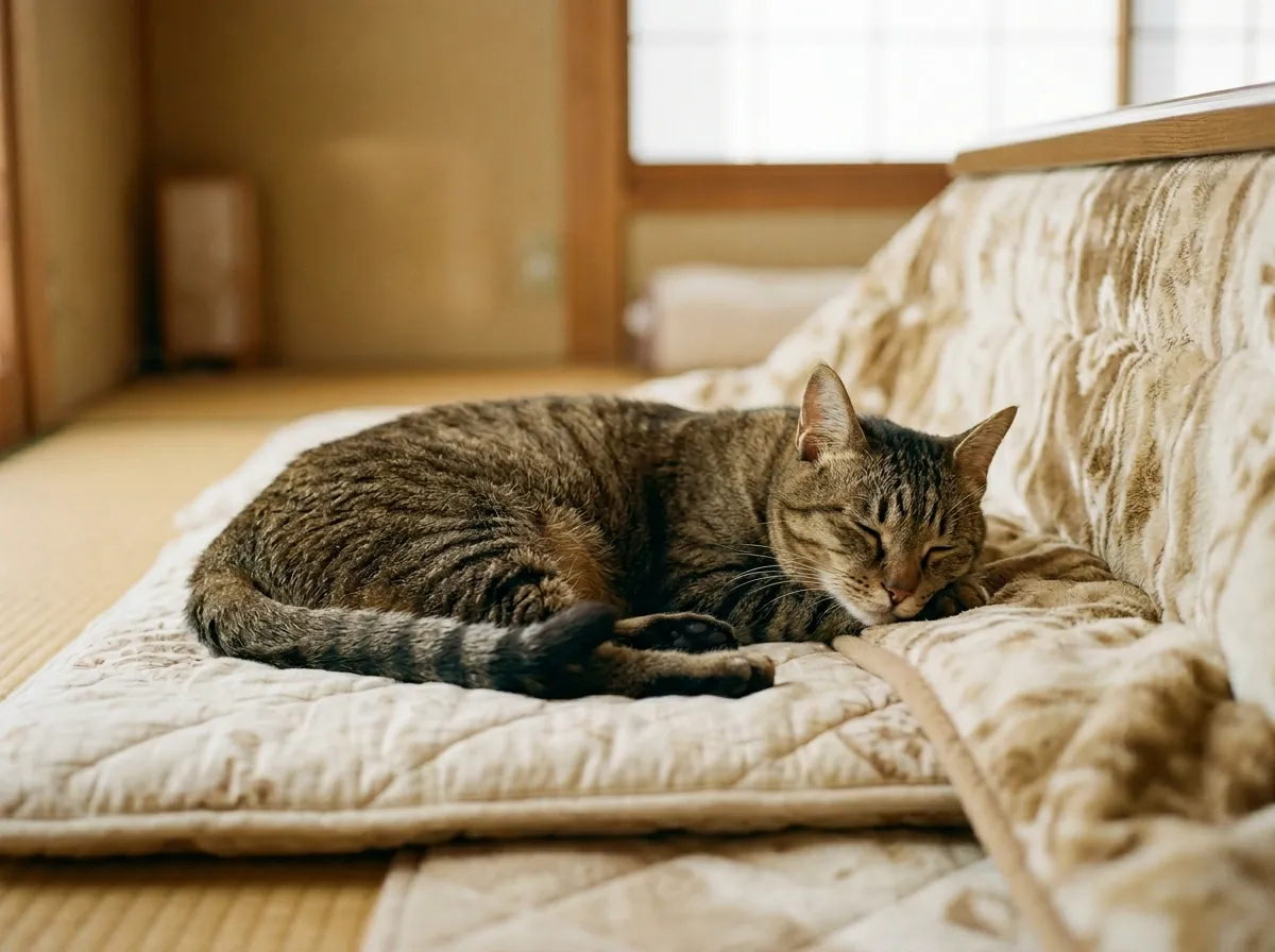 こたつのそばで穏やかな表情の猫
