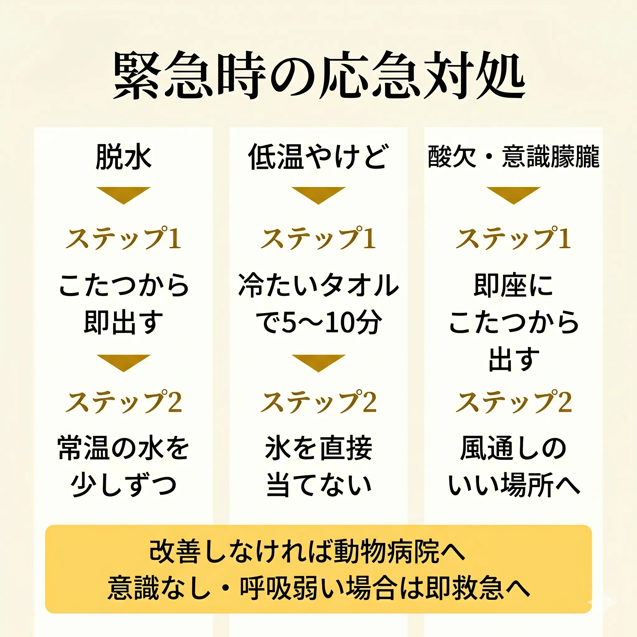 緊急時の応急対処フローチャート(脱水・低温やけど・酸欠)