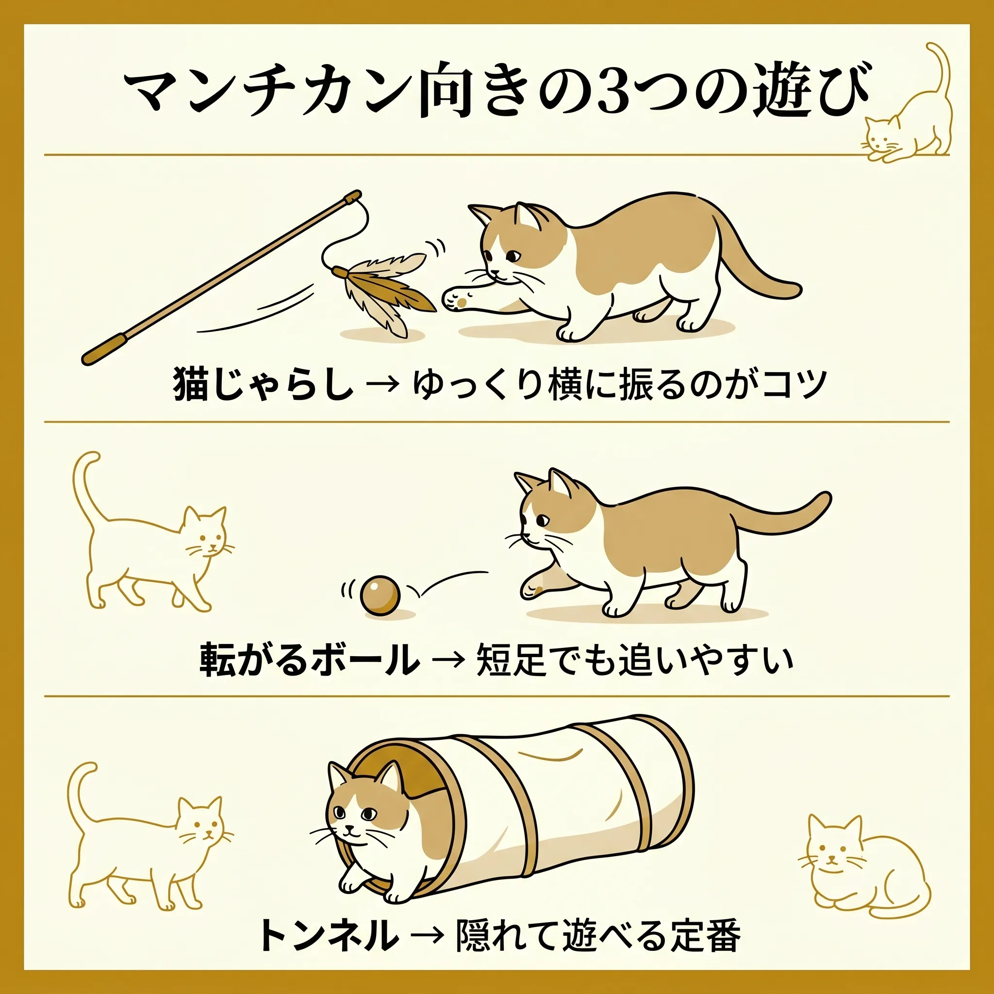 マンチカンに向いた3つの遊び（猫じゃらし・転がるボール・トンネル）のイラスト