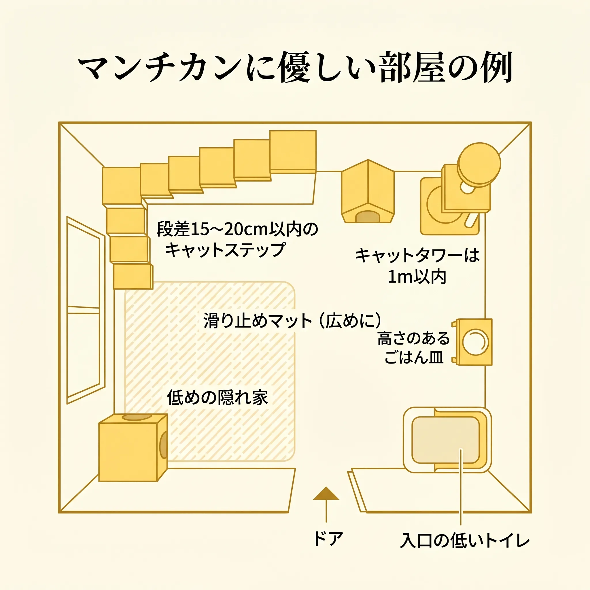マンチカンに優しいお部屋の見取り図（俯瞰／低段差ステップ・低い隠れ家・滑り止めマットの配置例）
