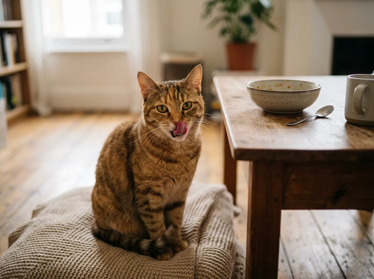 食卓の近くで穏やかな表情の猫