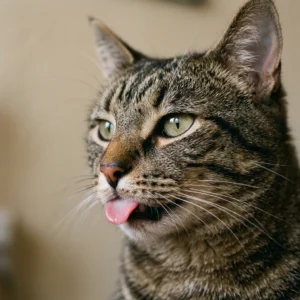 食卓の近くにいる猫の写真（穏やかな構図）