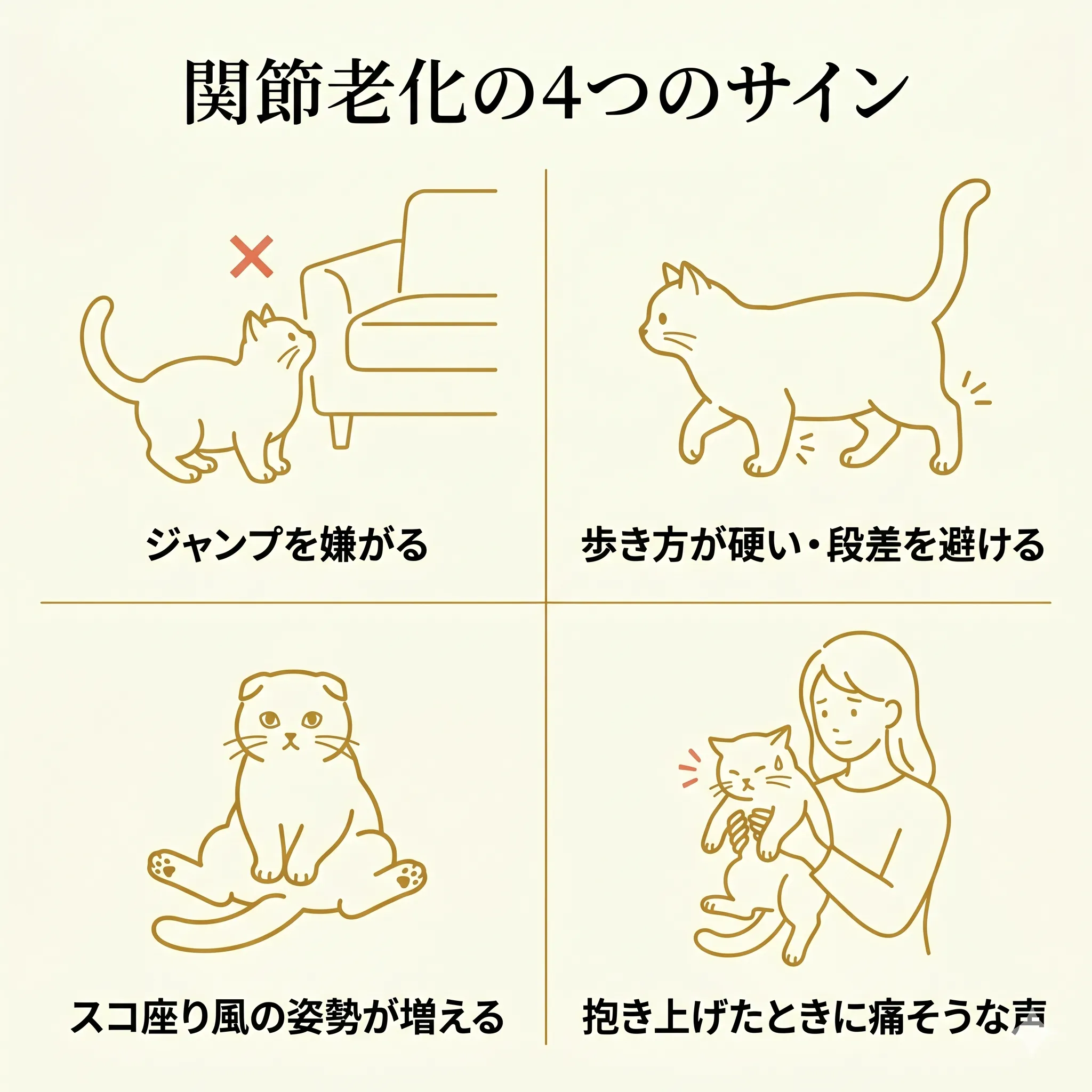 ミヌエットの関節老化サイン4つ(ジャンプ嫌がる・歩き方硬い・スコ座り風・痛がる)のイラスト