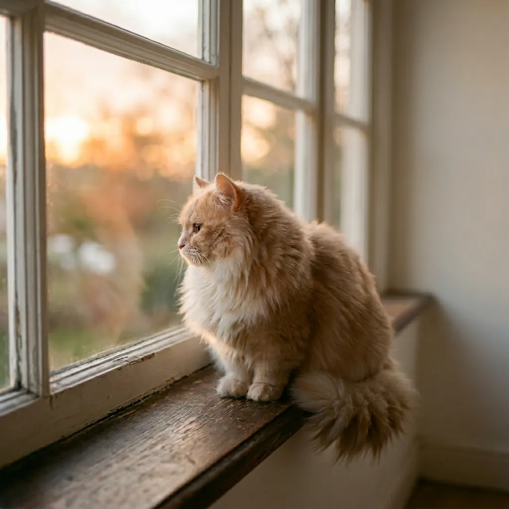 夕方の窓辺でゆっくりたたずむミヌエット猫の写真