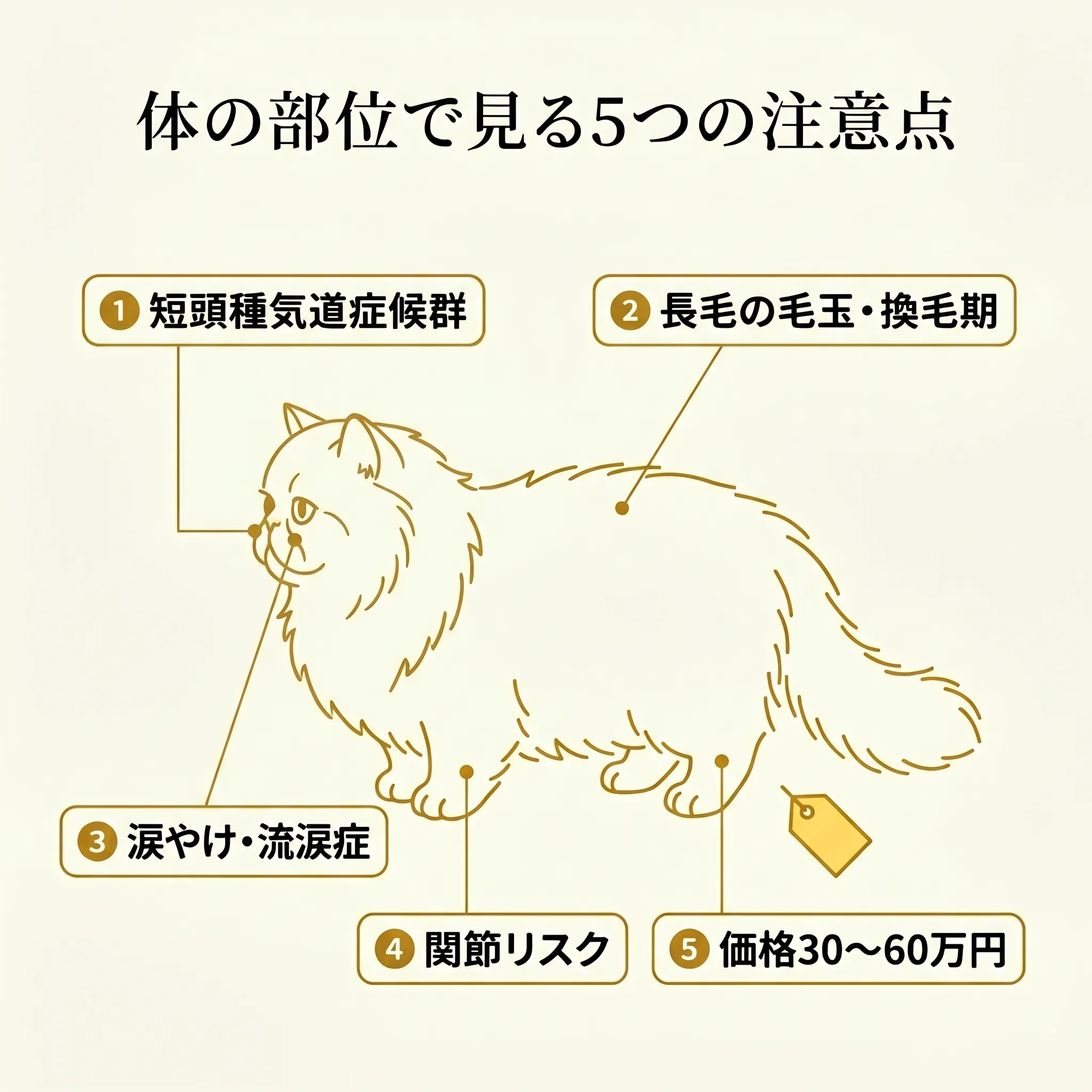 ミヌエットの体に5つの注意点（気道・毛玉・涙やけ・関節・価格）を矢印で紐付けた解剖図風インフォグラフィック