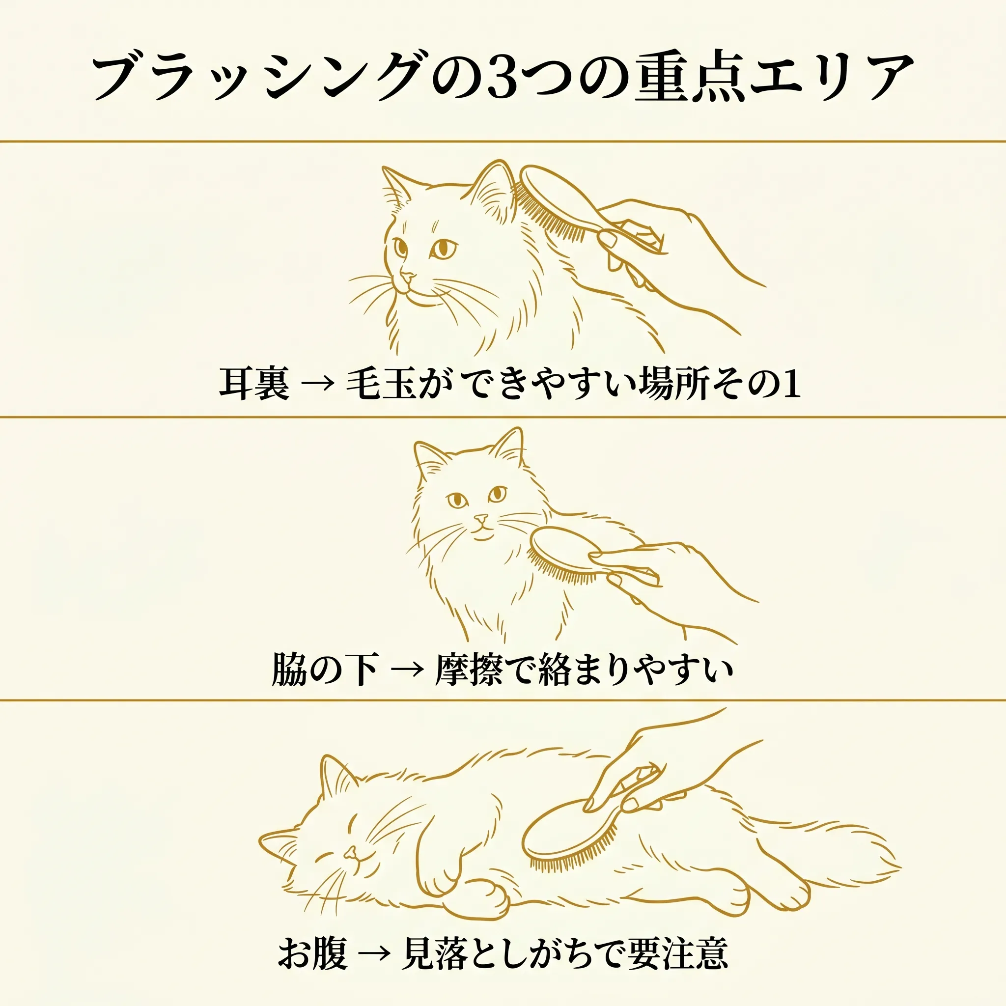 長毛ミヌエットのブラッシング3シーン（耳裏・脇の下・お腹）のイラスト
