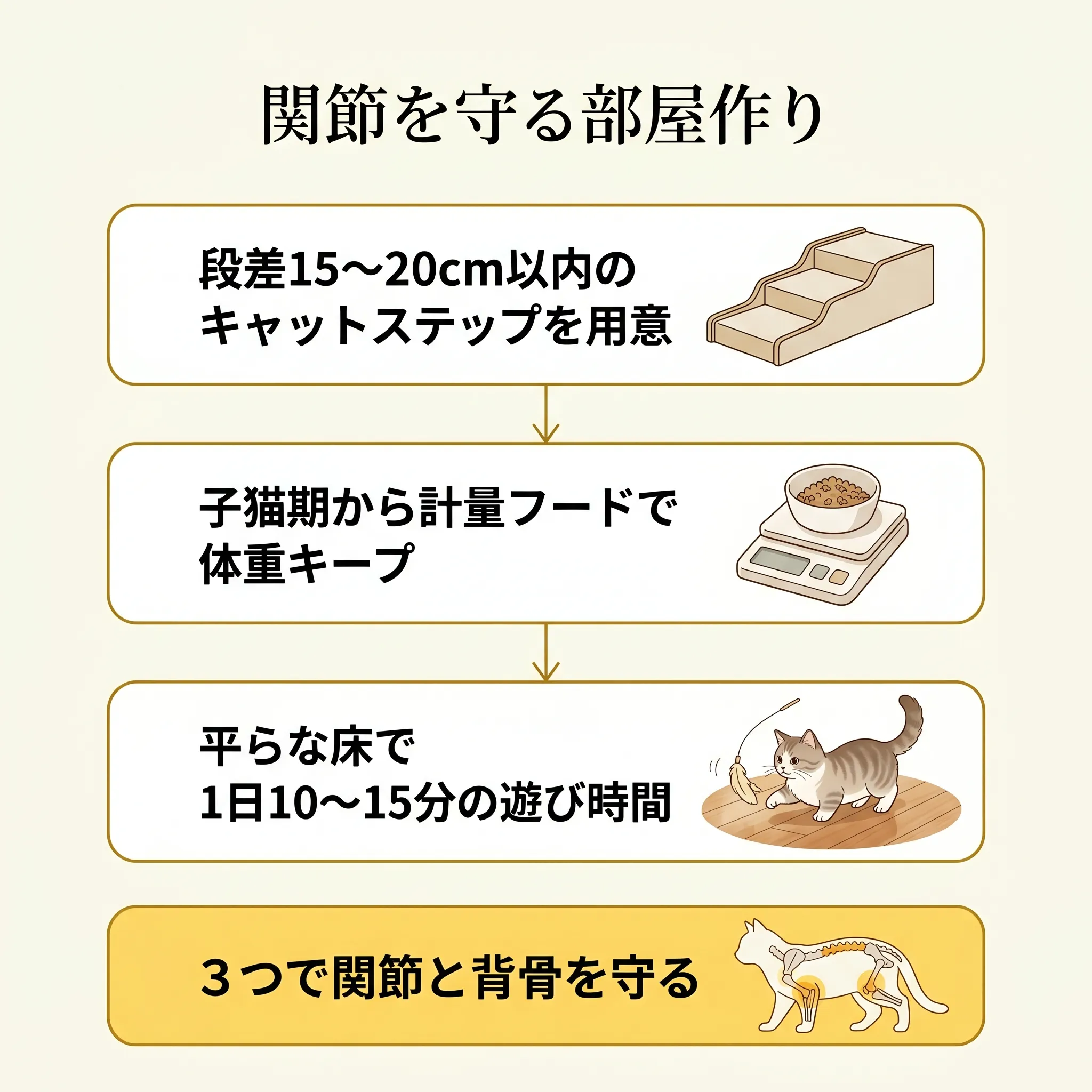 ミヌエット（短足タイプ）の関節を守る部屋作りのフローチャート（段差・体重・運動量）