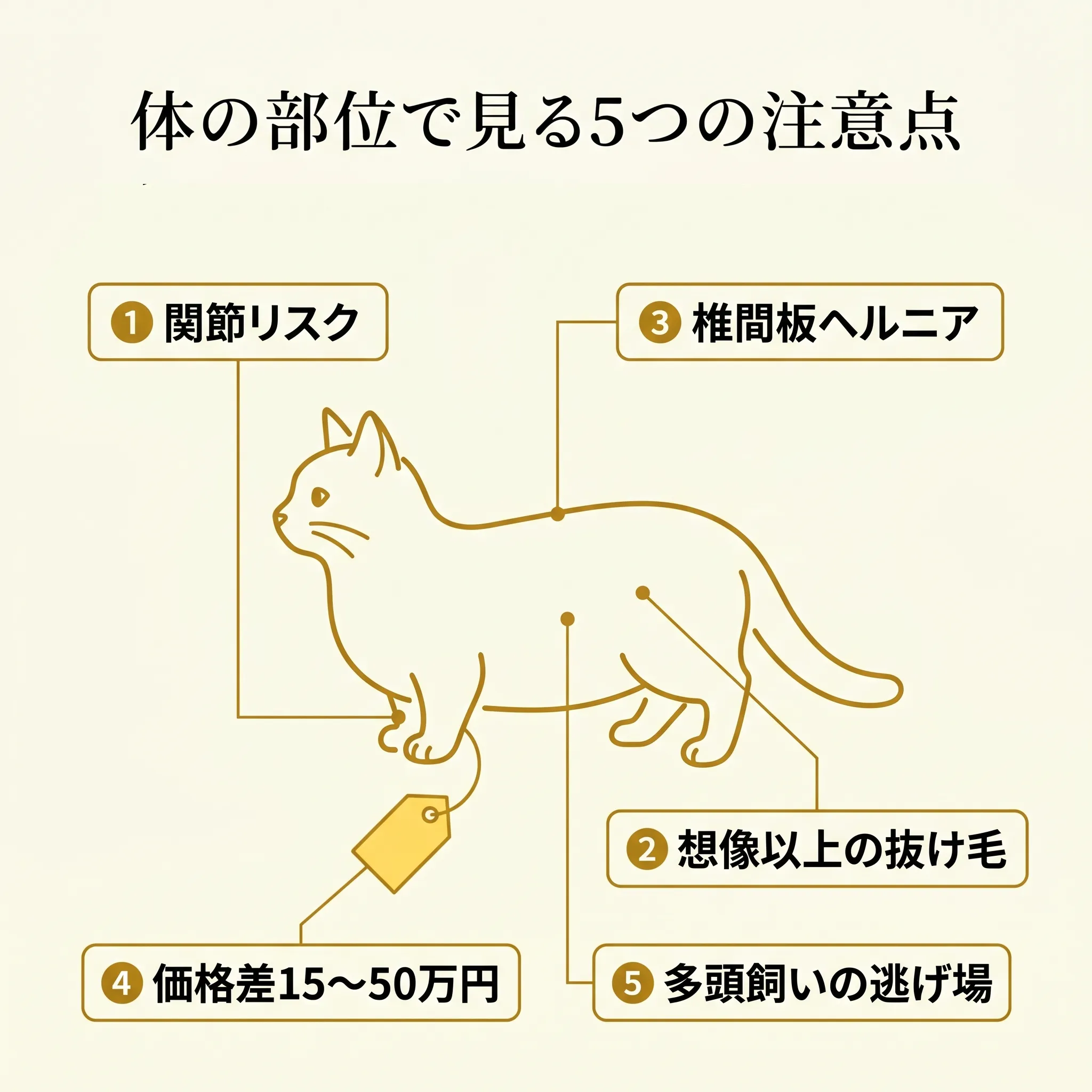 マンチカンの体に5つの注意点(関節・抜け毛・椎間板・価格・逃げ場)を矢印で紐付けた解剖図風インフォグラフィック。