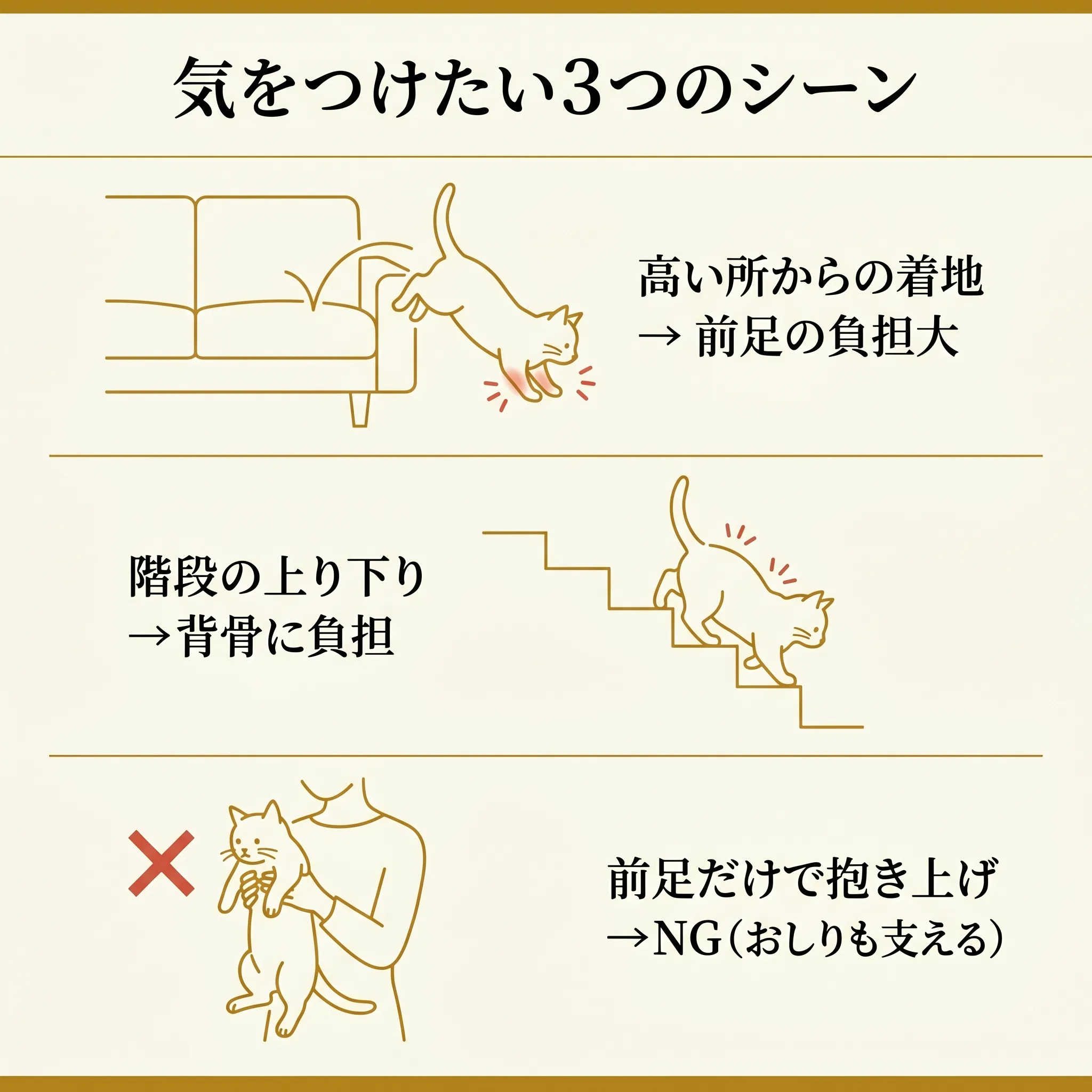 マンチカンの関節に負担がかかる3つの典型シーン(ジャンプ着地・階段下り・抱き上げ)のイラスト。