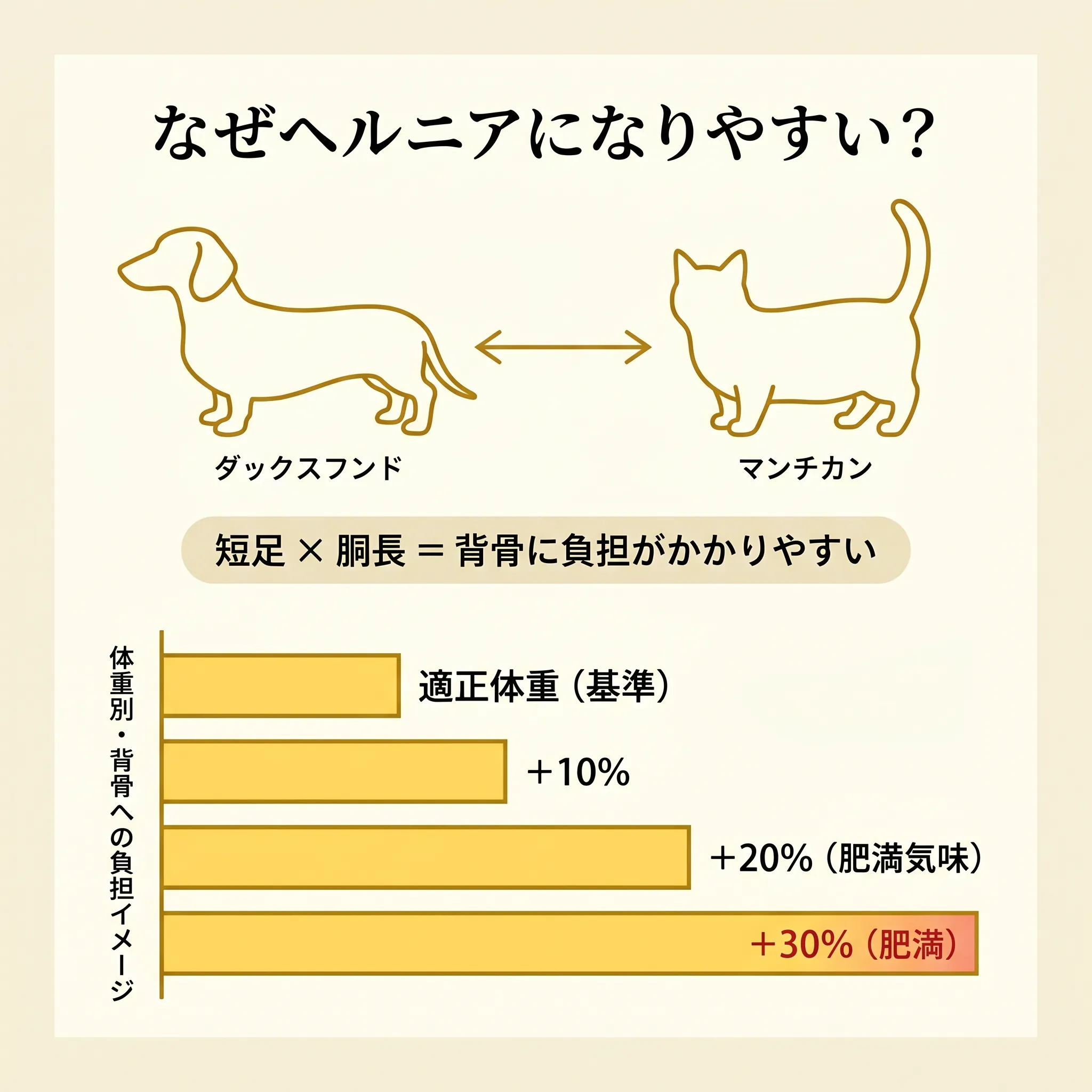 ダックスフンドとマンチカンの体型比較と、 体重別の背骨負担を示したグラフ。