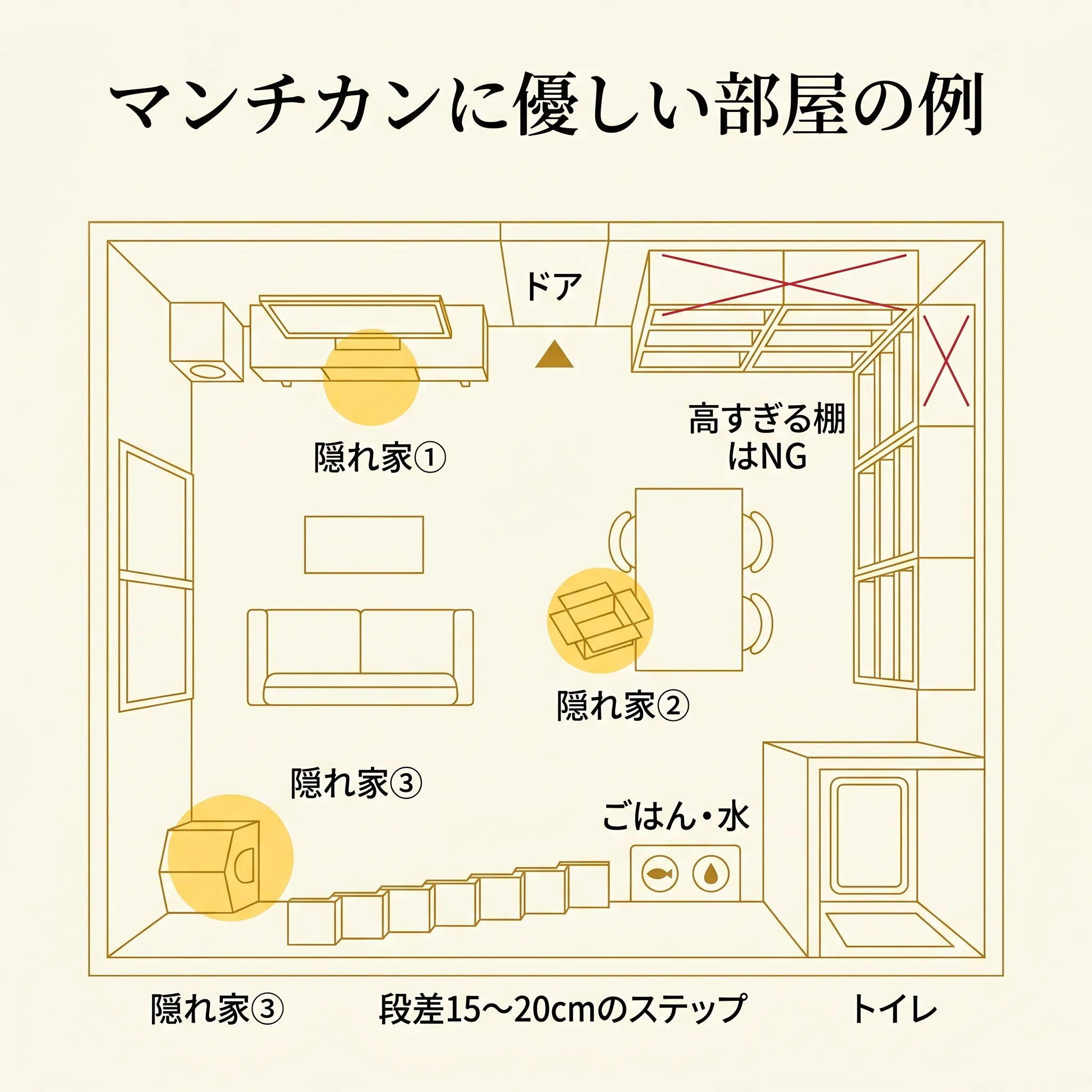 マンチカンに優しい部屋の俯瞰見取り図。 隠れ家・低段差ステップ・ジャンプ禁止ゾーンの配置例。