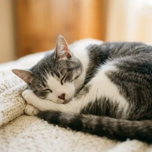 猫がのんびりくつろぐ全身写真（穏やかな自然光）