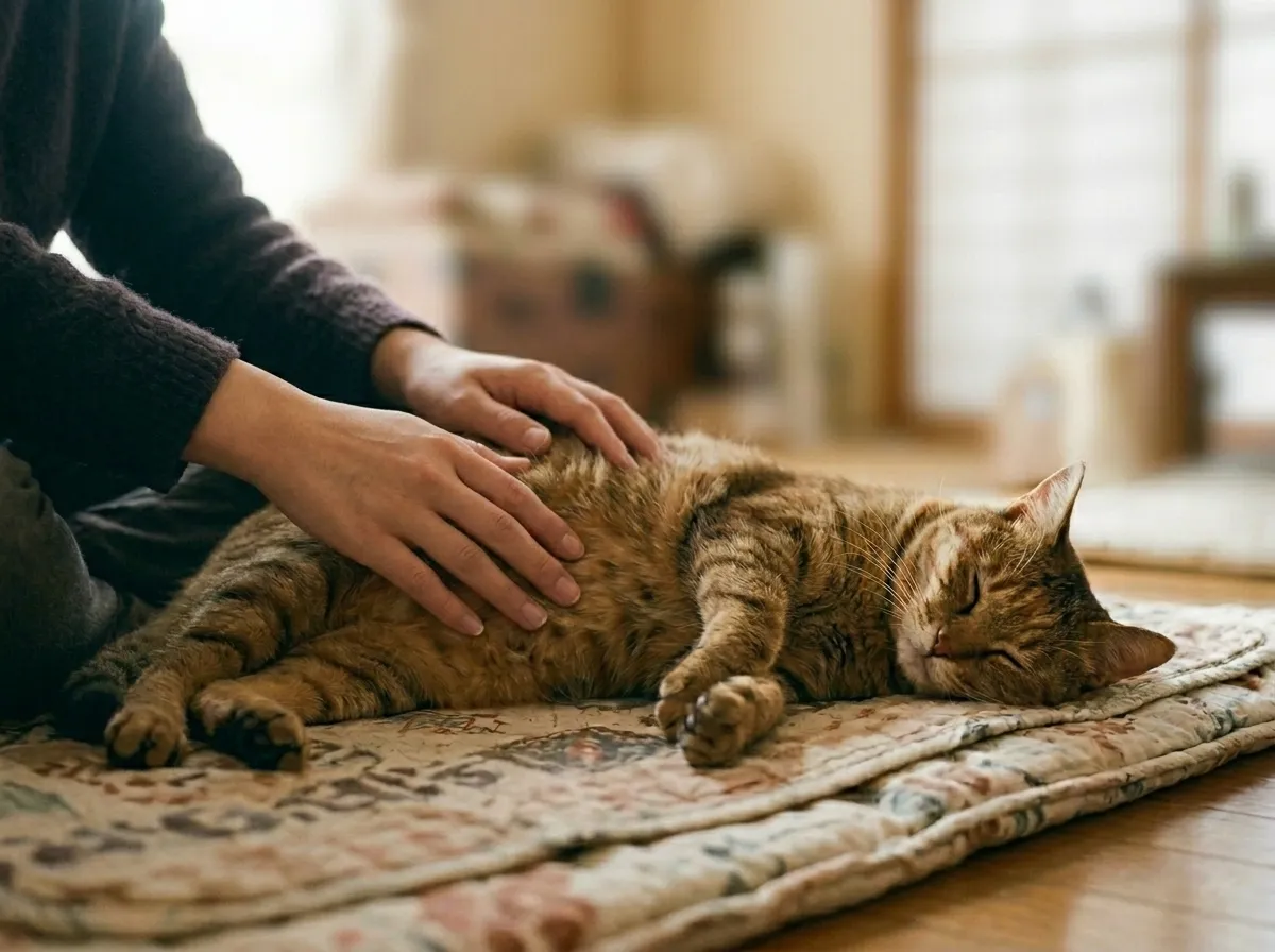 体型チェックで穏やかにくつろぐ猫の写真
