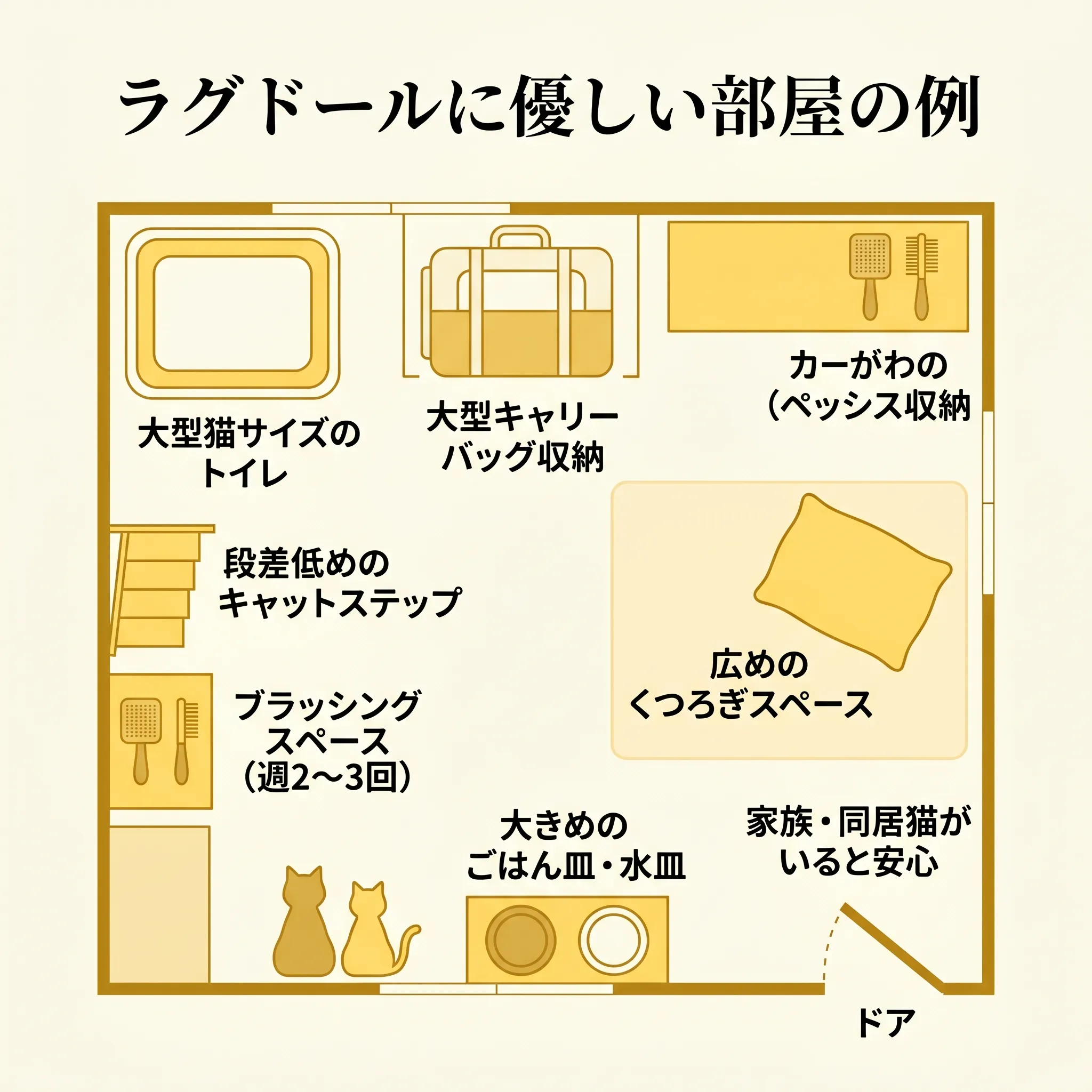 ラグドールに優しいお部屋の見取り図(俯瞰/大型サイズグッズ・ブラッシングスペース・低段差の配置例)