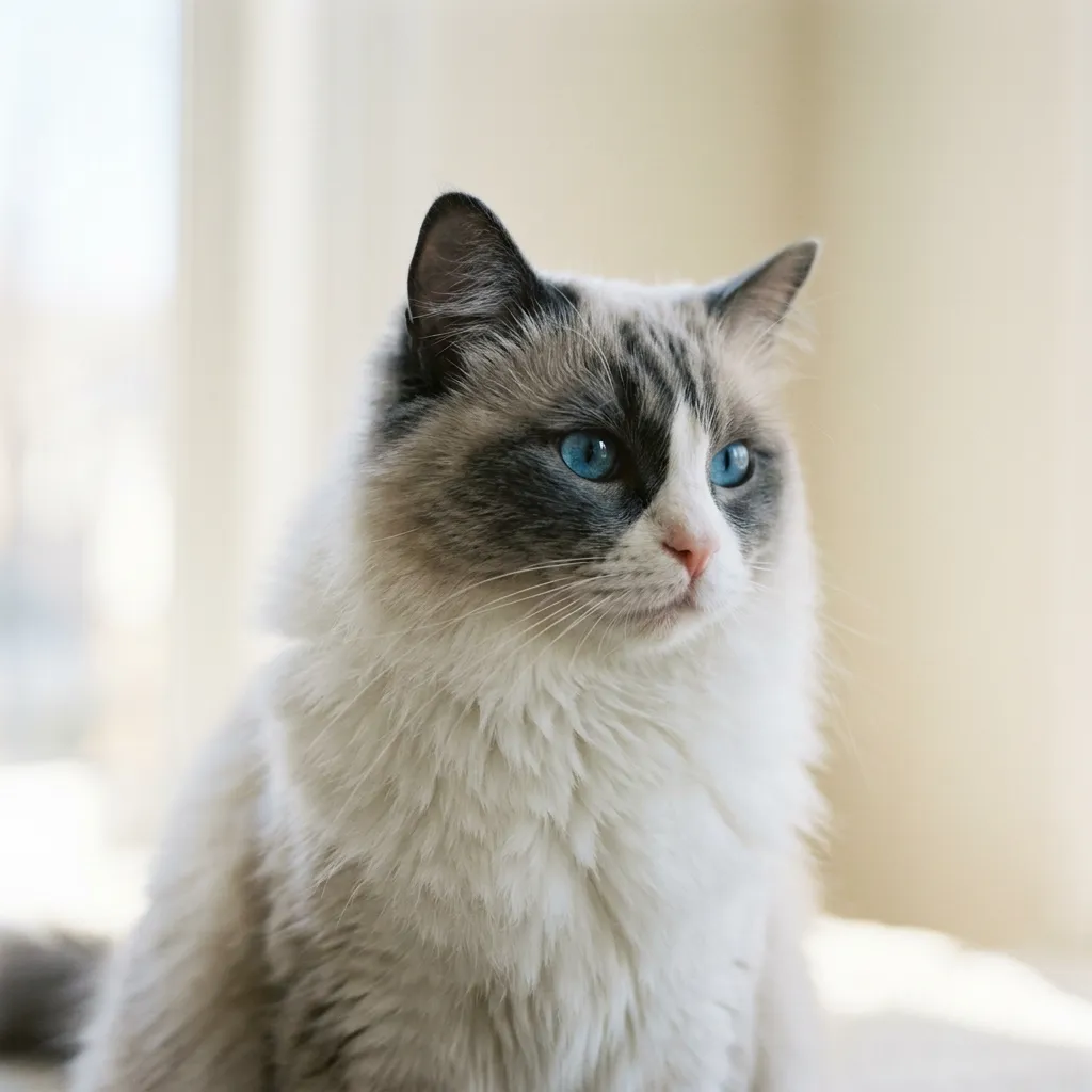 ラグドール猫の全身写真（大型でふわふわ長毛の自然な姿）