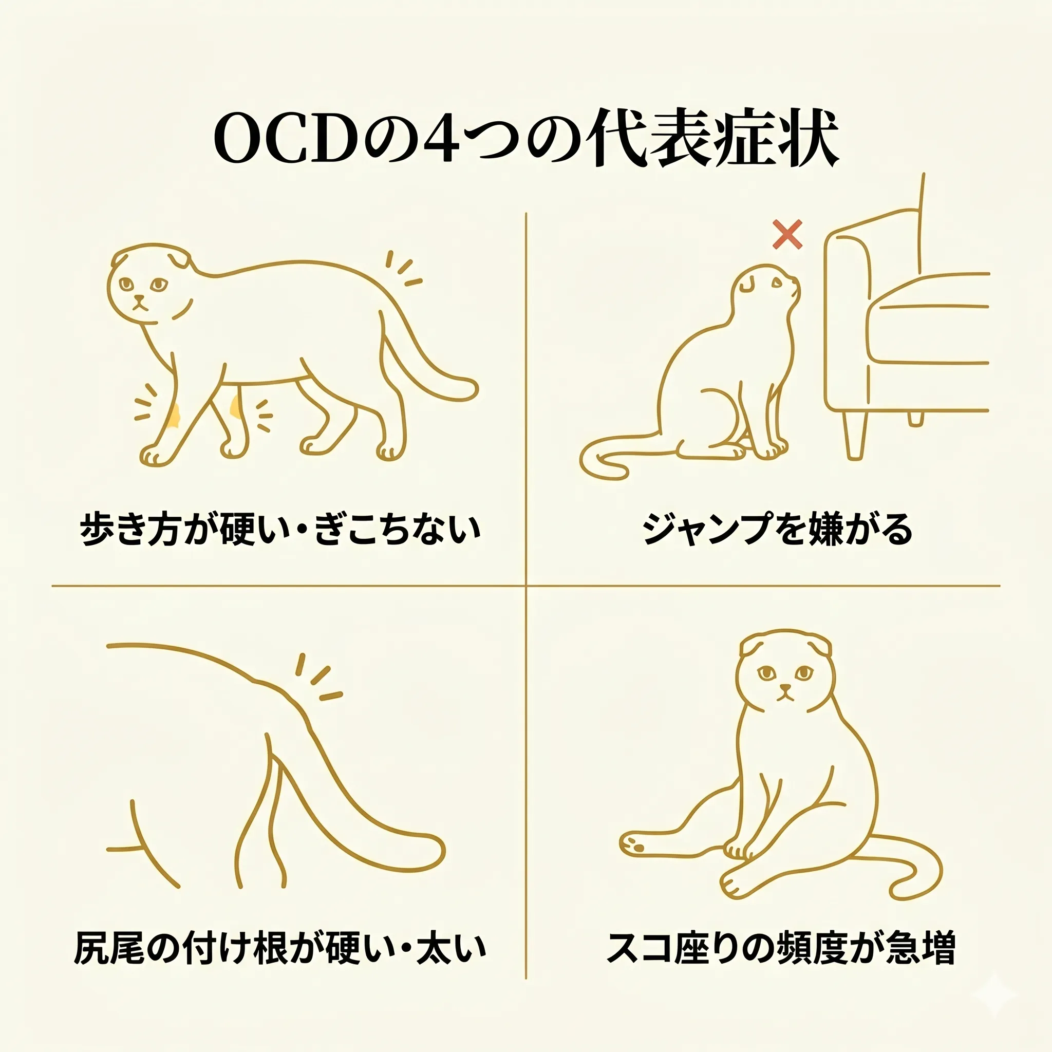 OCDの代表的な症状（歩行のぎこちなさ・ジャンプ回避・尻尾の硬さ・スコ座り）を示したイラスト