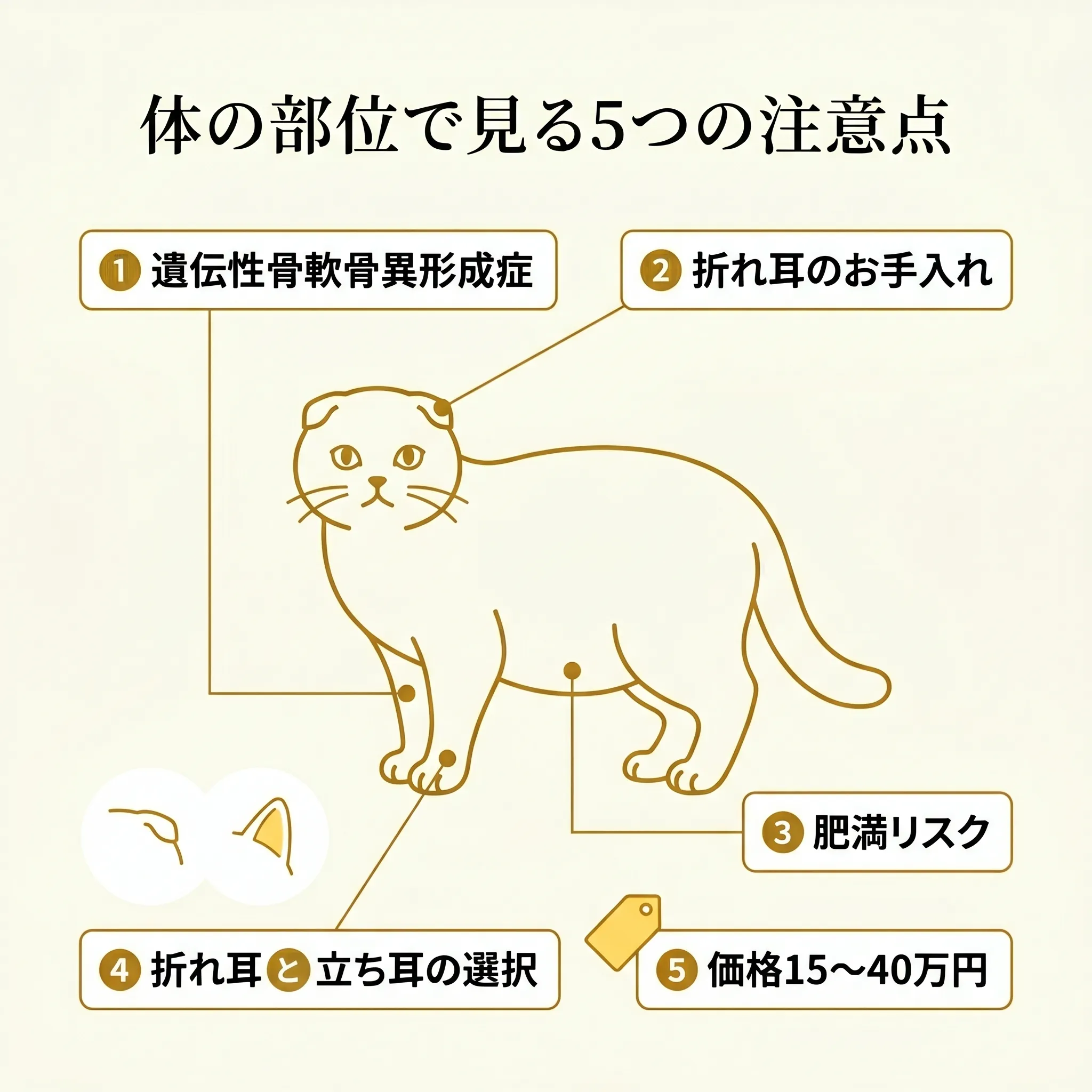 スコティッシュフォールドの体に5つの注意点（骨軟骨・耳・肥満・折れ耳/立ち耳・価格）を矢印で紐付けた解剖図風インフォグラフィック