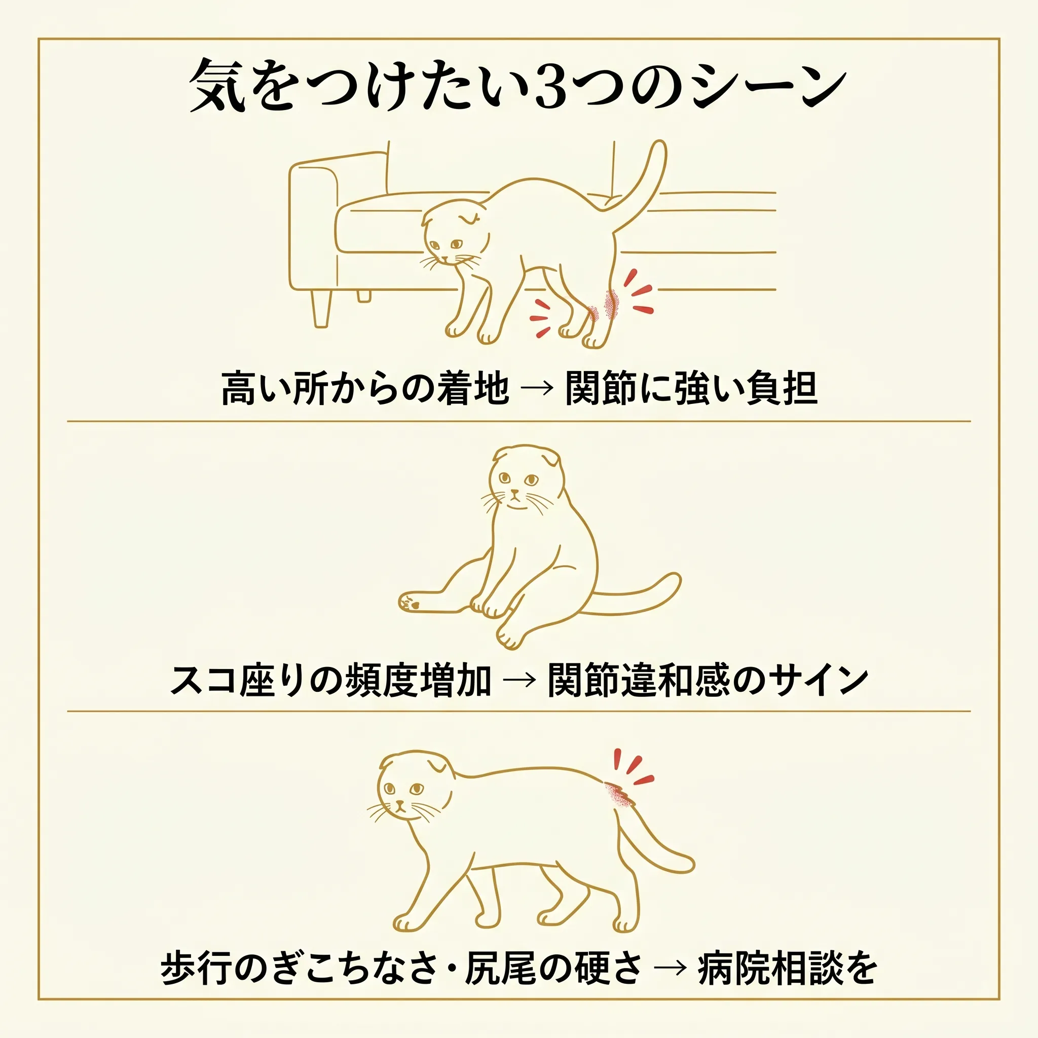 関節に負担がかかる3つのシーン（高所からの着地・スコ座り・歩行）のイラスト