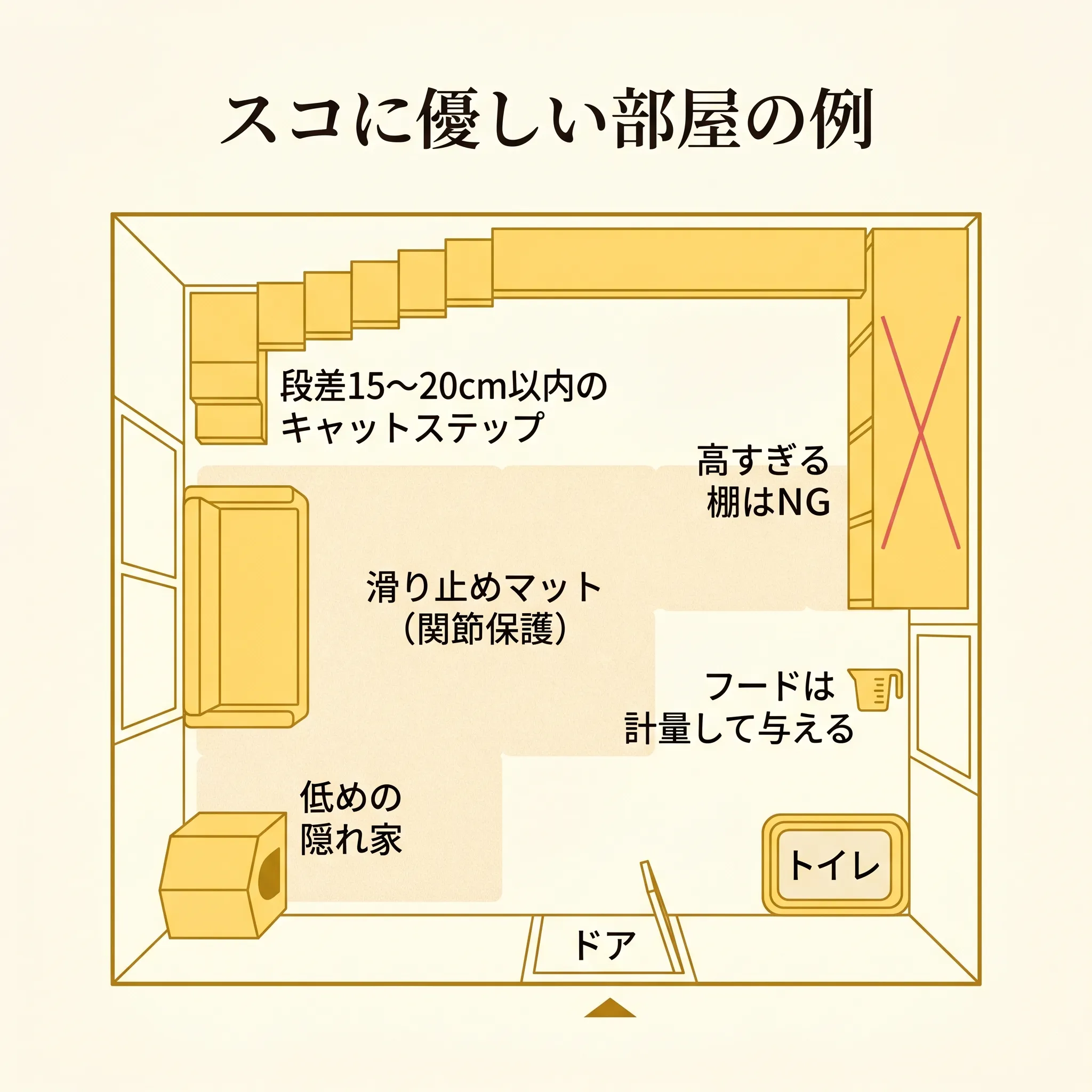 スコティッシュフォールドに優しいお部屋の見取り図（俯瞰／段差の低いキャットステップ・床マット・落ち着ける場所の配置例）