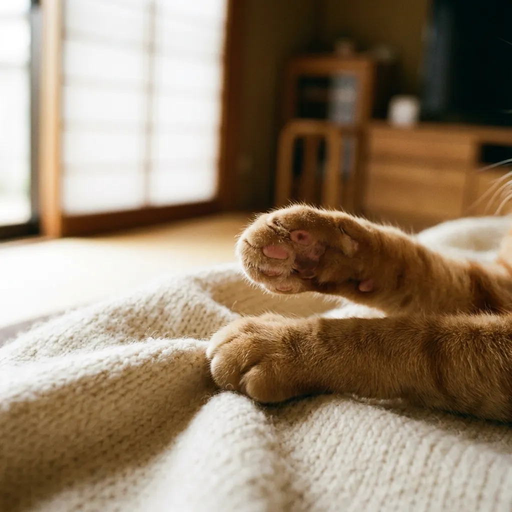 ふみふみ中の猫の前足のアップ写真