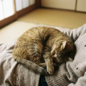 飼い主のお腹で丸くなって寝る猫の写真
