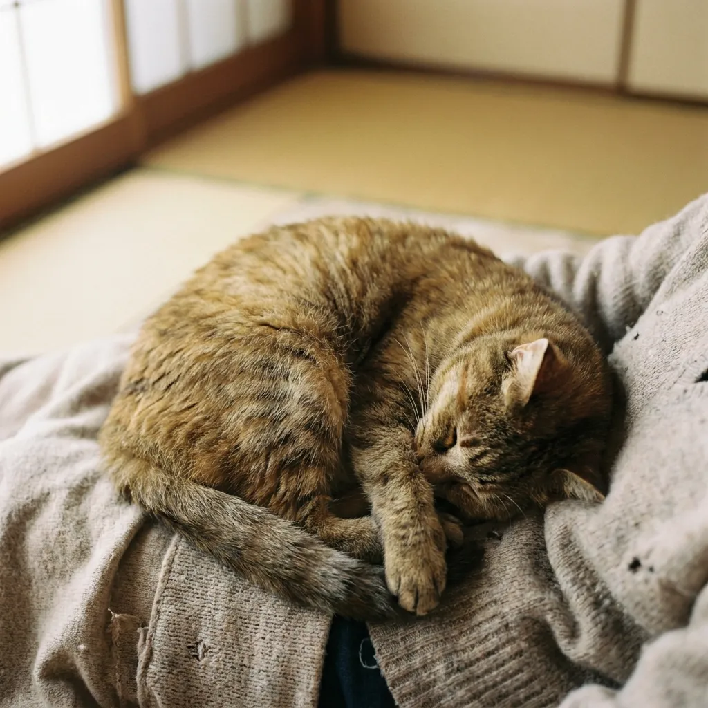 飼い主のお腹で丸くなって寝る猫の写真