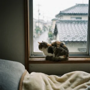 雨の窓辺で外を眺める猫の写真