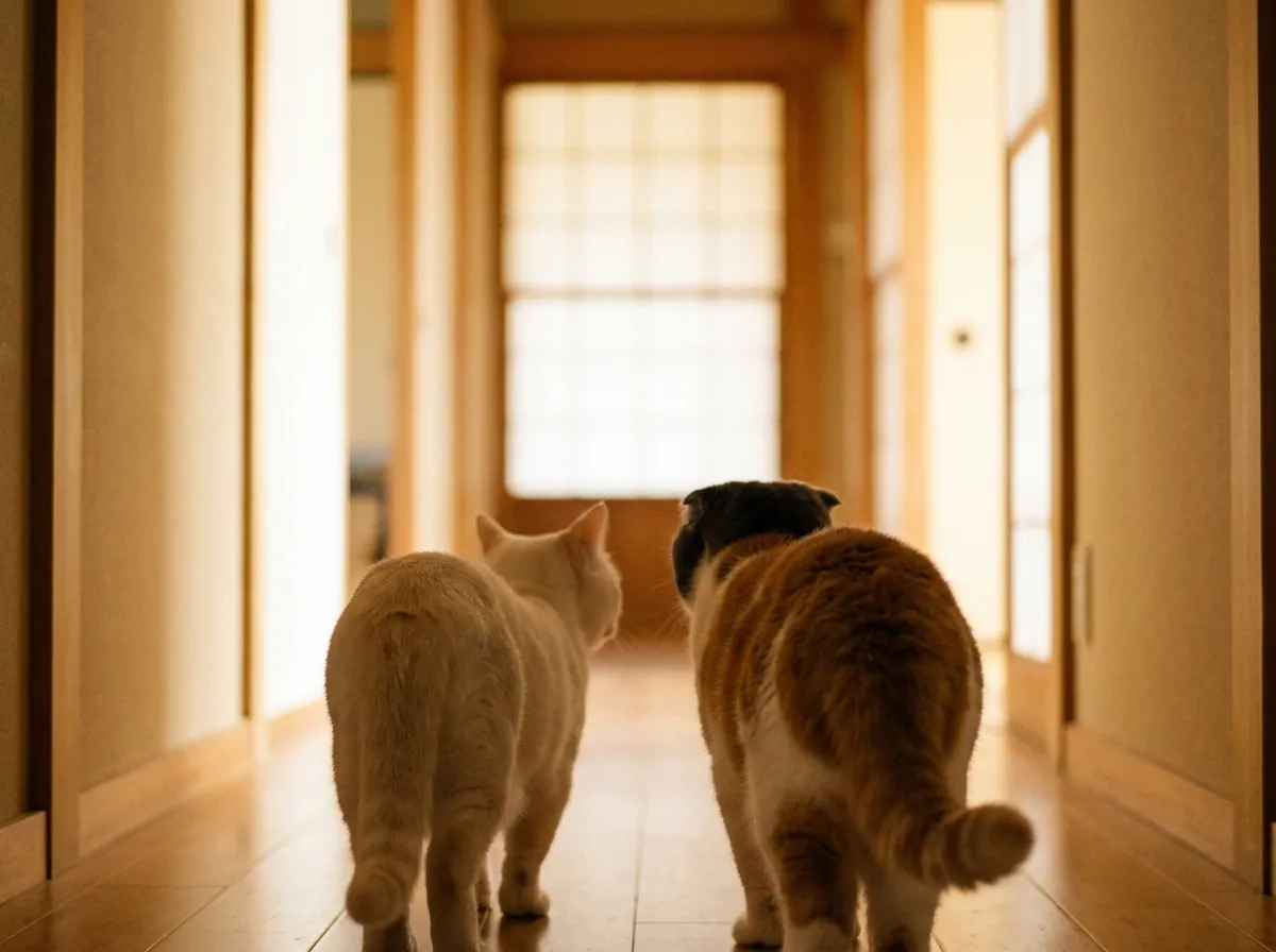 並んだマンチカンとスコティッシュフォールドの後ろ姿写真