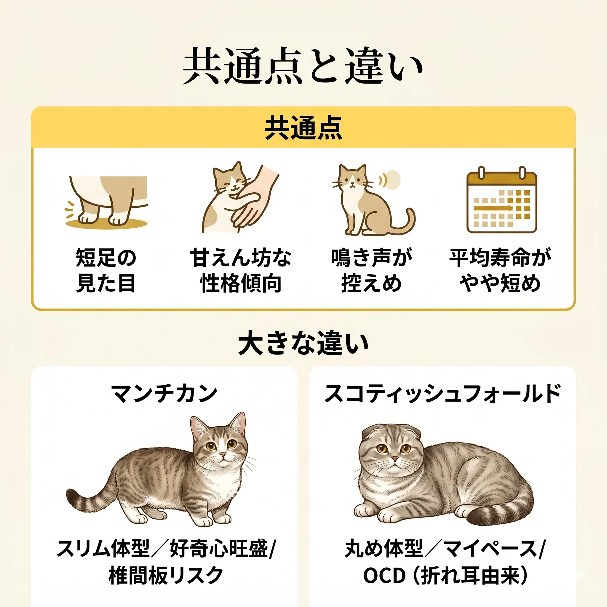 マンチカンとスコの共通点・違いをまとめたインフォグラフィック