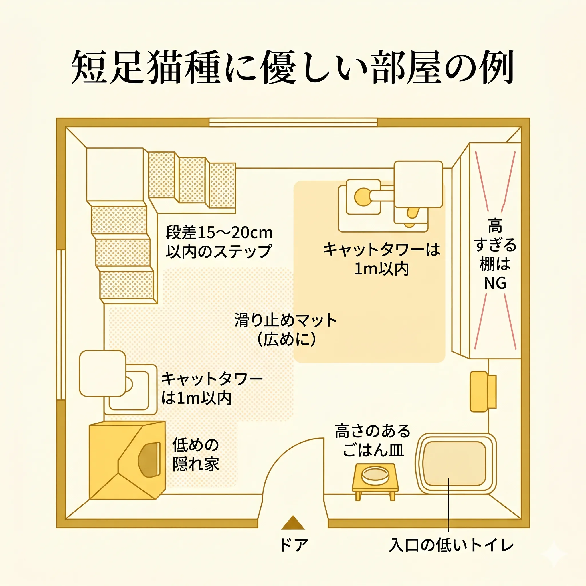 短足猫向けの理想的な部屋作りレイアウト図
