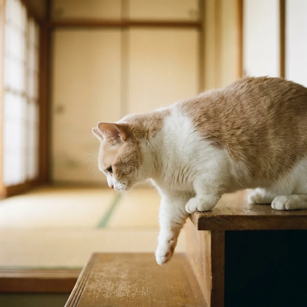 低い段差を慎重に下りる短足猫の写真