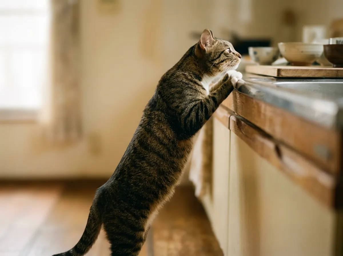 キッチンカウンターに前足をかけて覗き込む猫