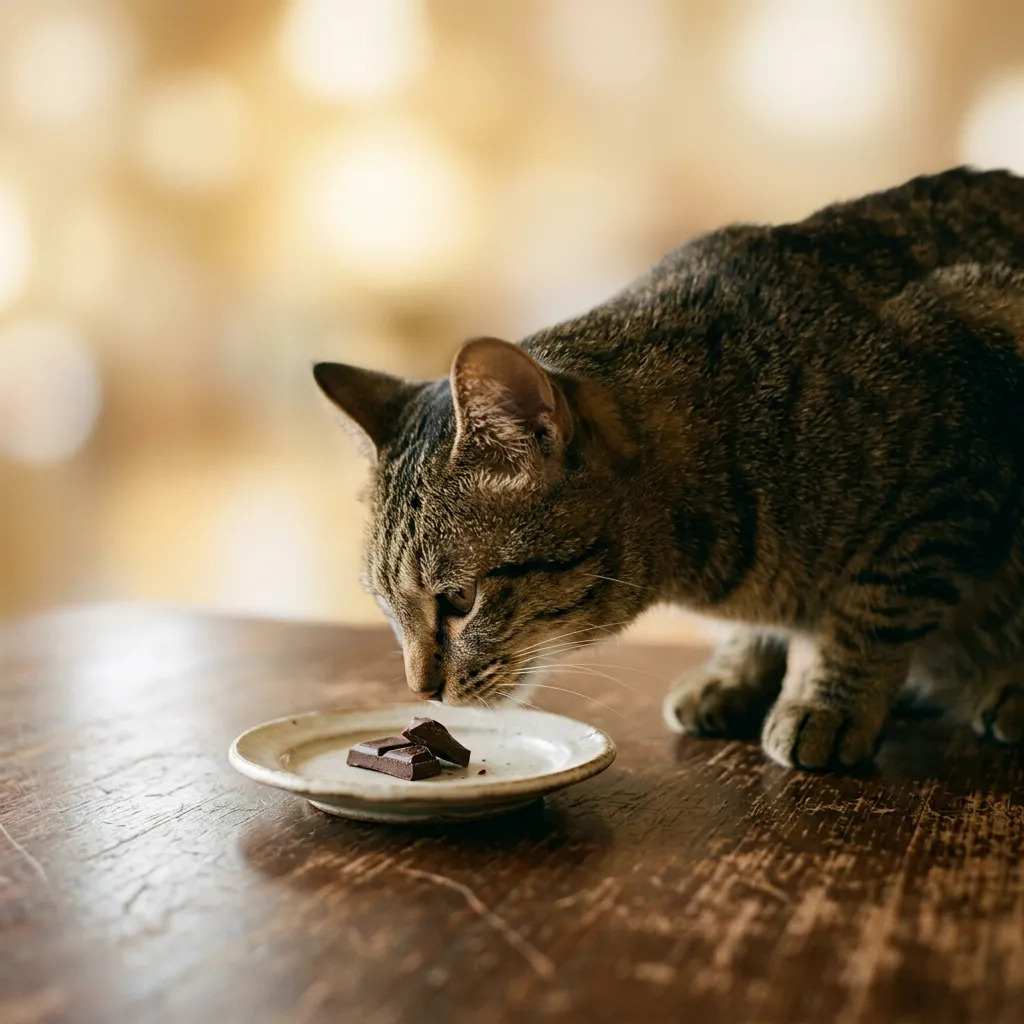 テーブルに置かれたチョコレートに顔を近づける猫の写真