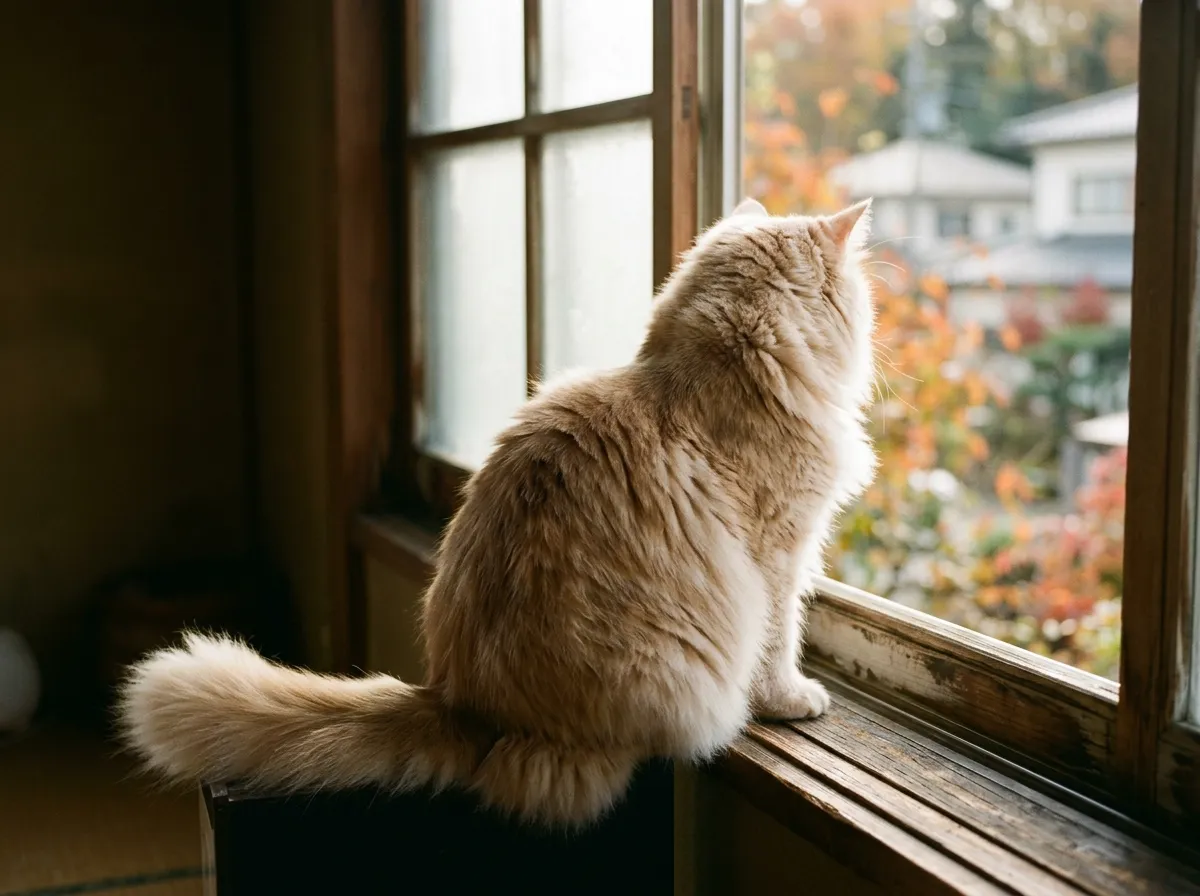 窓辺で外を眺める長毛猫の後ろ姿