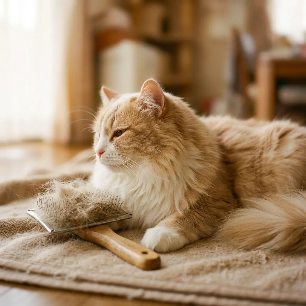 ブラシに絡んだ抜け毛と長毛猫の写真