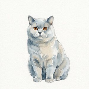 まるい顔とむっちりした体が特徴のブリティッシュショートヘアの水彩イラスト