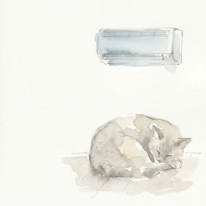 エアコンの下で眠る猫の水彩イラスト