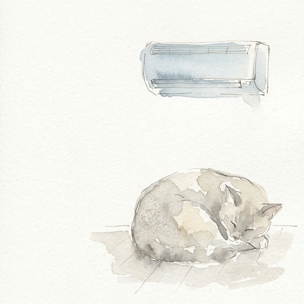 エアコンの下で眠る猫の水彩イラスト