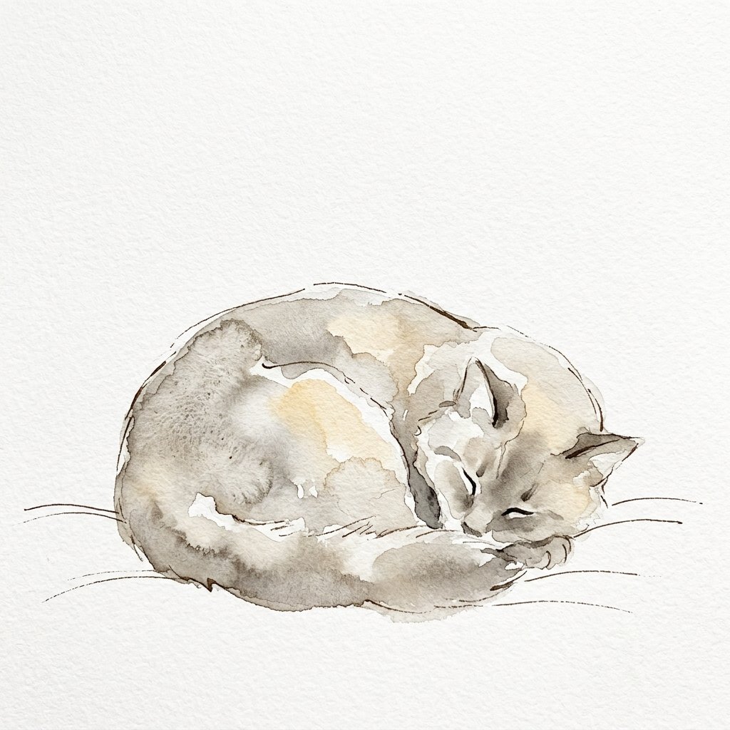 丸くなって眠る猫の水彩イラスト